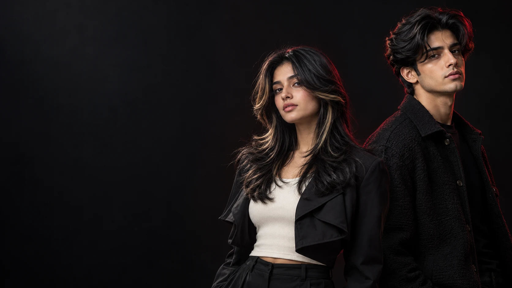 Young South Asian woman with layered highlighted hair and a man with a curtain haircut in a dark fashion campaign