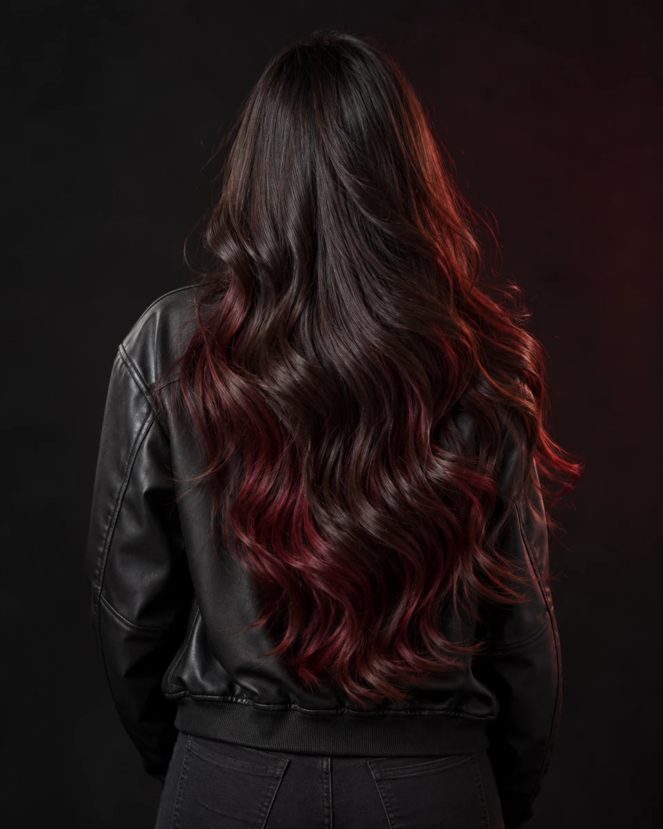 Rear view of long dark layered waves with cherry-red peekaboo panels over a black leather bomber jacket