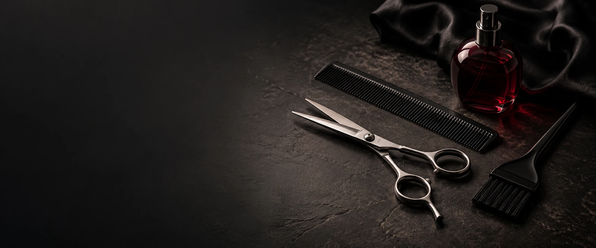 Polished hairdressing shears, a black cutting comb and colour brush on dark stone