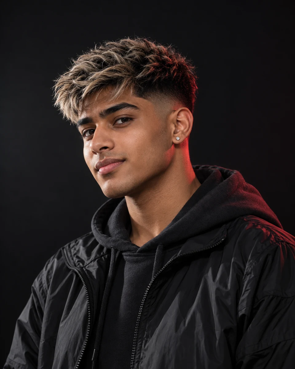 Young man with an icy blonde textured crop, dark roots and a low skin taper in dark studio lighting