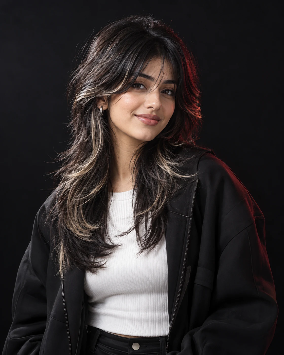 Young woman with a layered wolf cut and platinum face-framing highlights