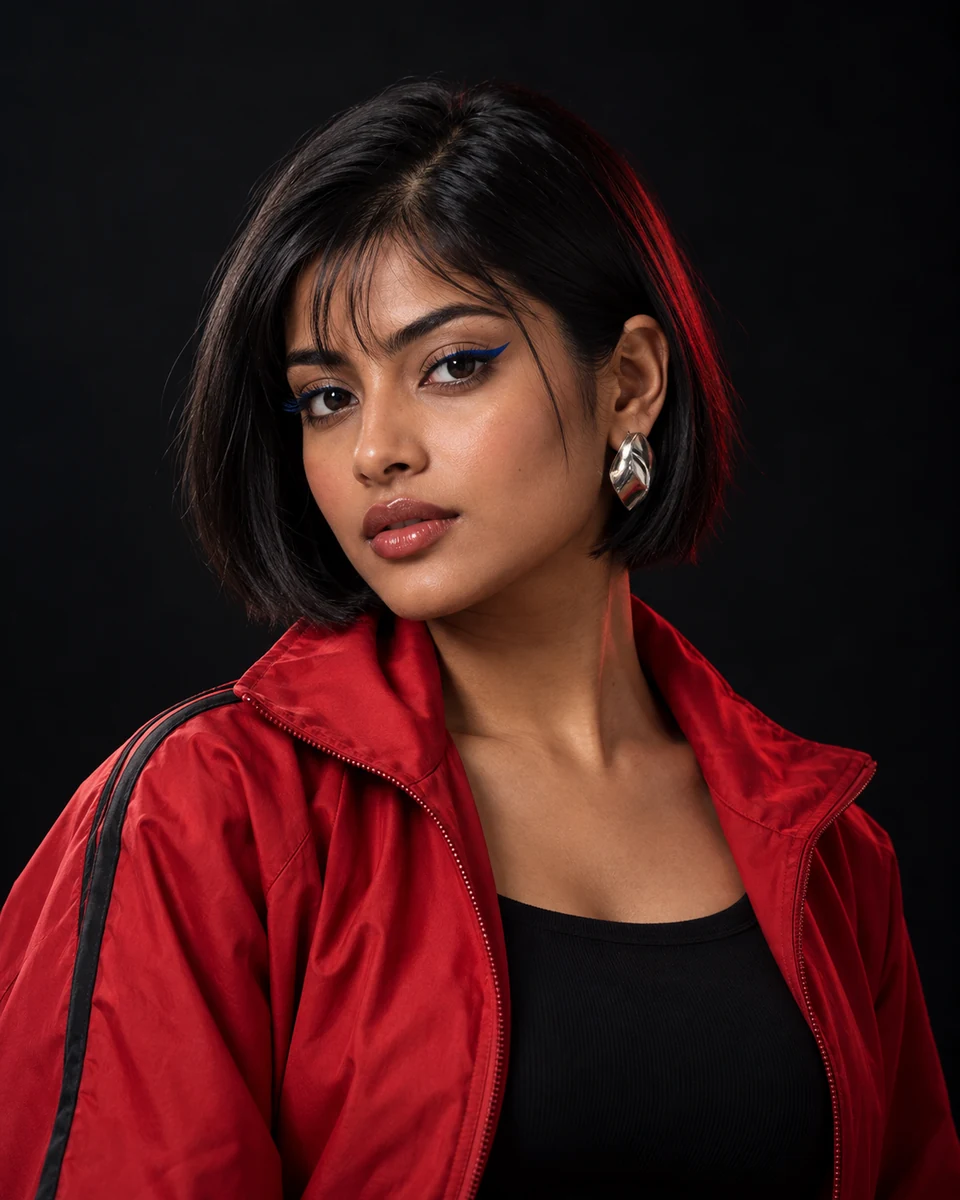 Young woman with a micro bob, electric blue graphic eyeliner and a cherry-red track jacket