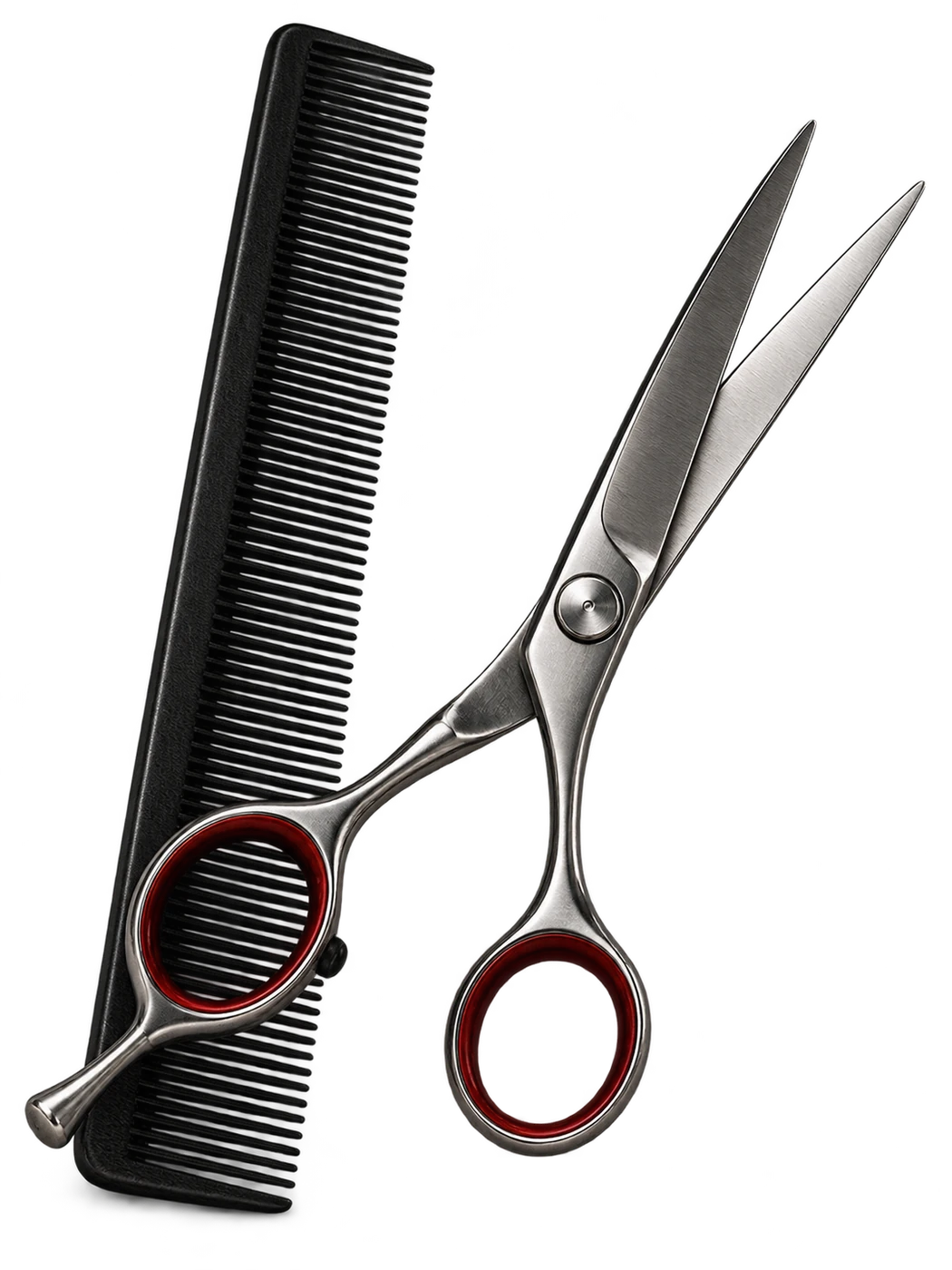 Brushed steel salon shears and a black cutting comb