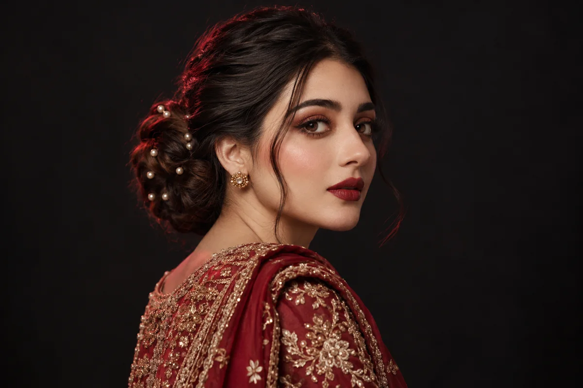 Pakistani bridal style with a pearl-woven braided bun and a deep-red embroidered dupatta