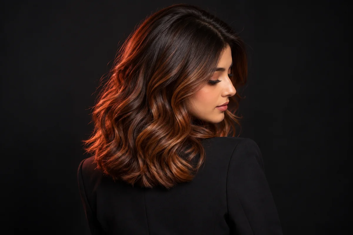 Dark chocolate waves with warm copper balayage visible through the lengths