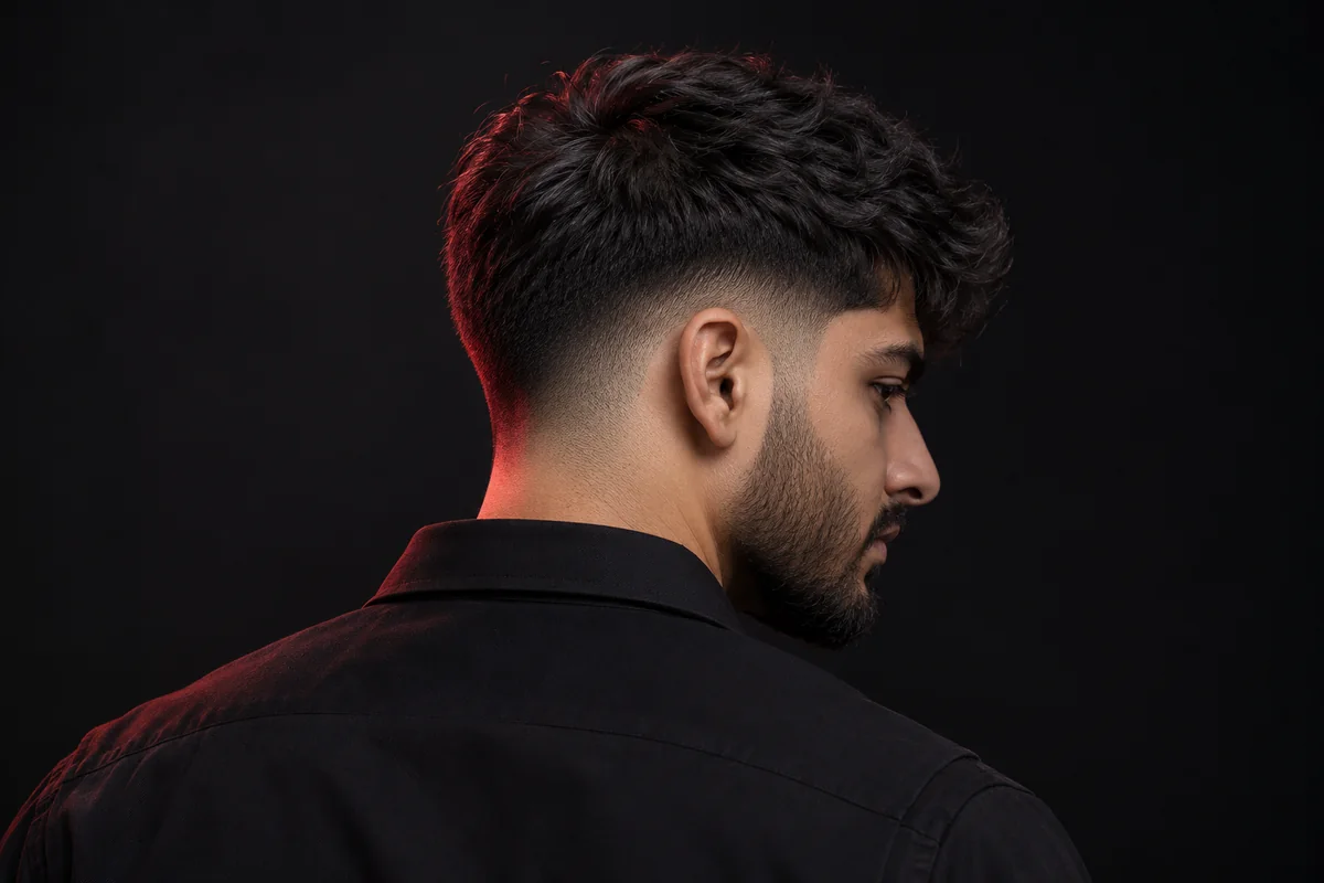 Three-quarter profile of a textured crop, low taper fade and neatly shaped beard