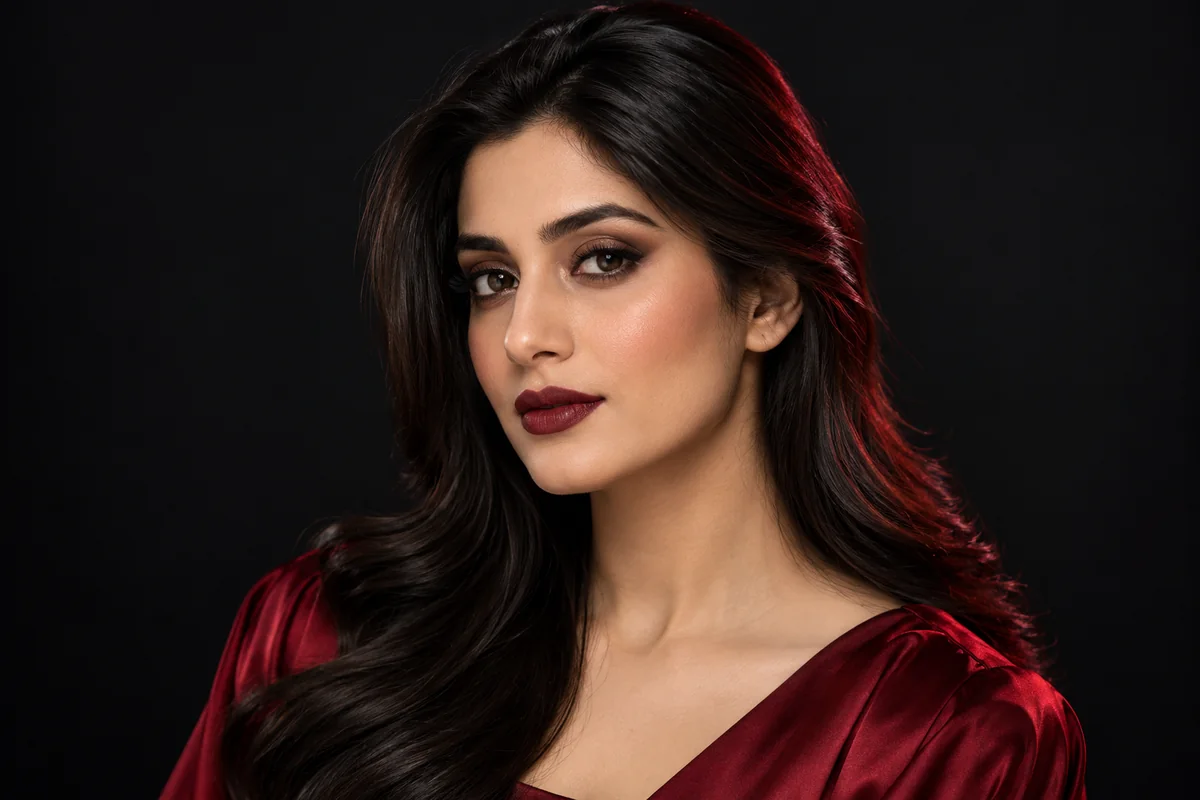 Bronze smoky eye makeup and black-cherry lips with swept-back dark hair