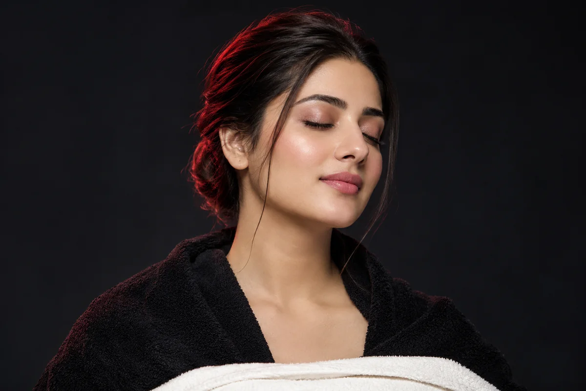 Relaxed beauty portrait with swept-back hair and softly luminous natural skin