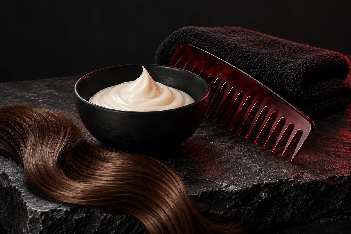 Ivory conditioning cream, an oxblood comb and a chestnut hair swatch on dark stone