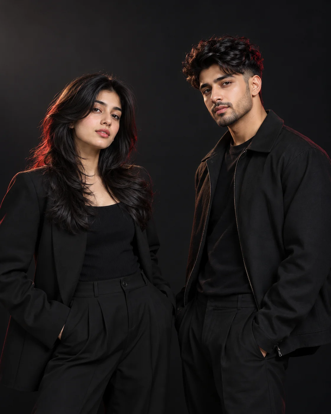 A young woman with a black layered haircut beside a young man with a dark textured taper