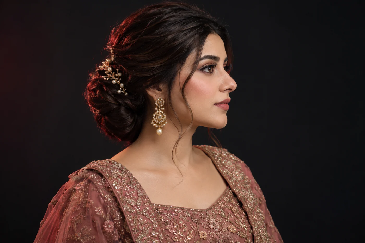 Side view of a low twisted bridal updo with a pearl pin, gold drop earrings and a pink outfit