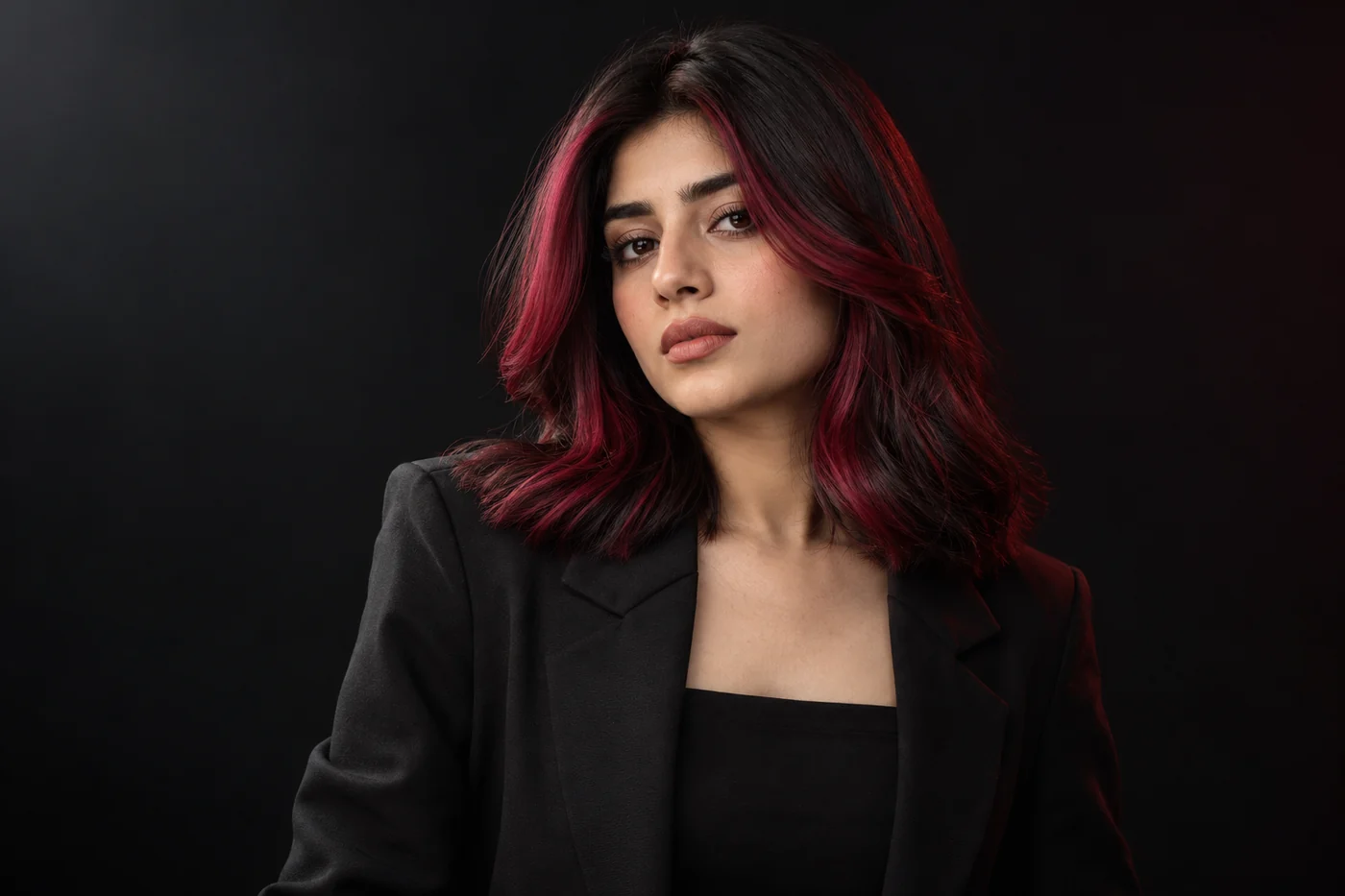 Dark shoulder-length hair with cherry-magenta sections framing the face