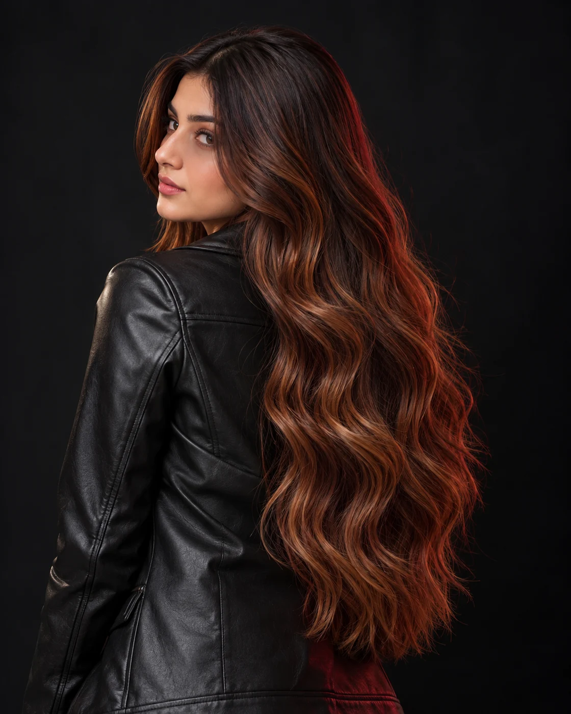 Dark chestnut roots blending into warm copper and caramel sections through long waves