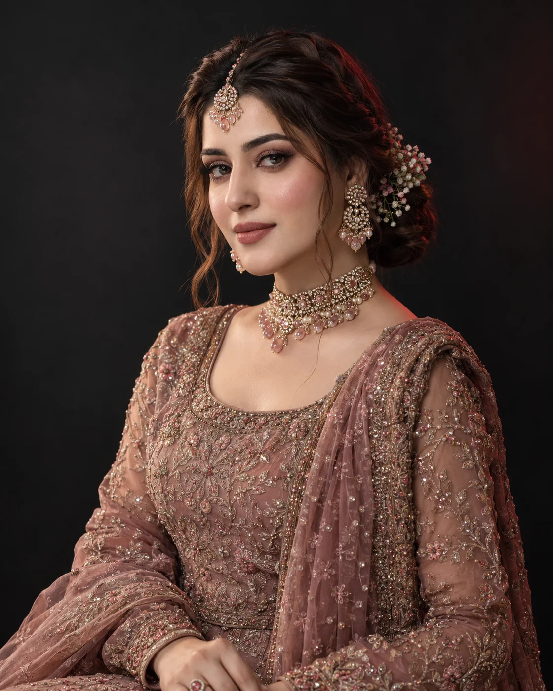 Soft rose bridal makeup with a low braided bun and a dusty rose outfit