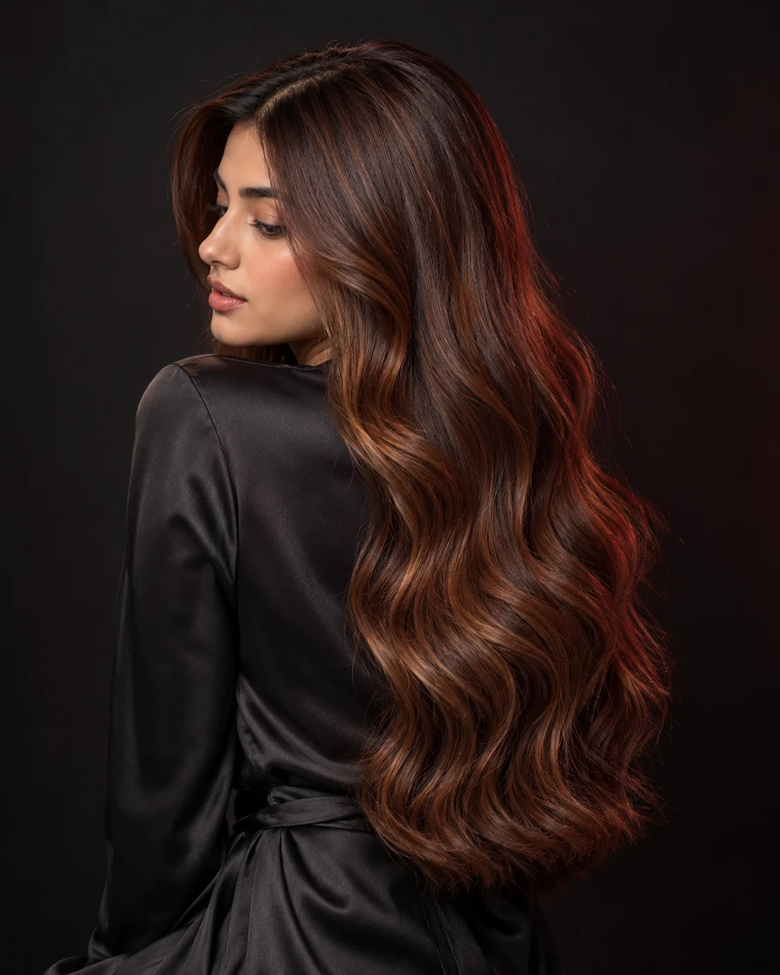 Chestnut hair with copper highlights through long loose waves