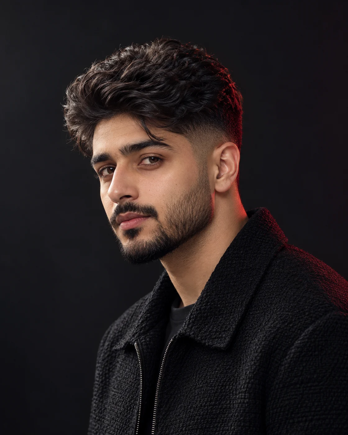 Low fade with a short wavy top and a neatly shaped beard