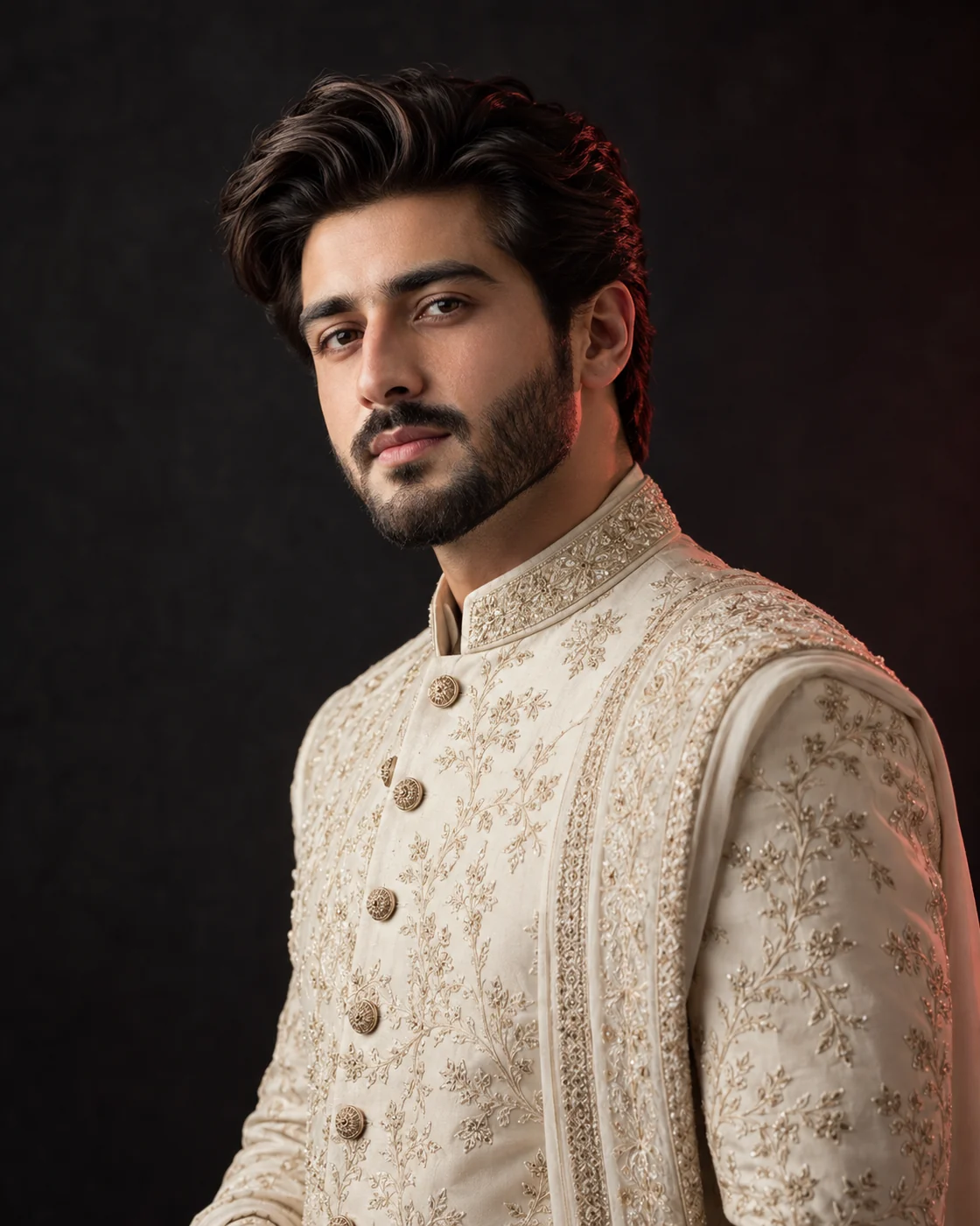 Groom hairstyle with swept-back dark waves and a short beard, worn with an ivory sherwani