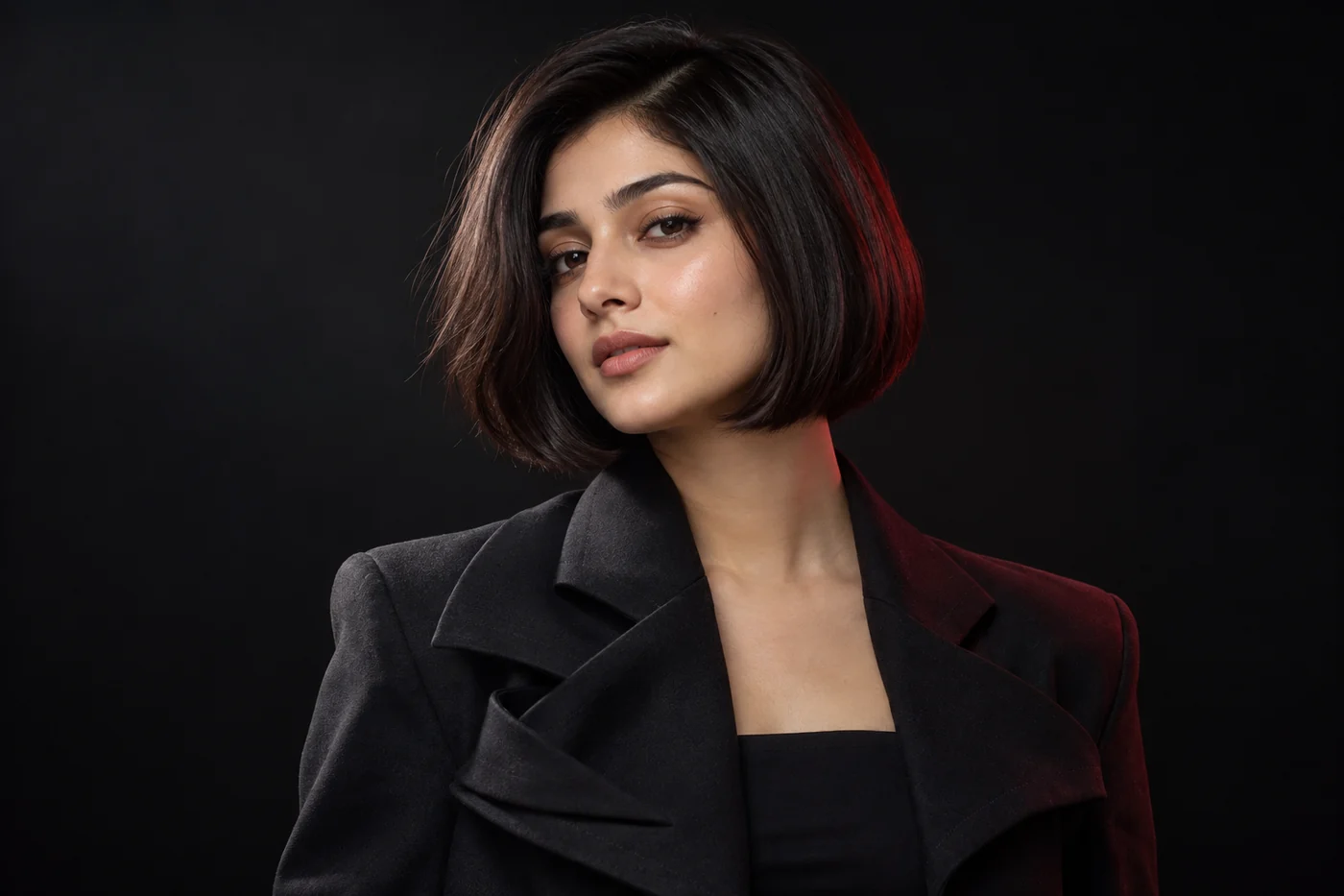 Chin-length dark bob with a clean outline and a soft side part