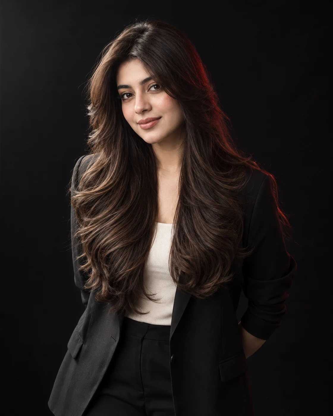 Long dark-brown layered haircut with soft curtain pieces around the face