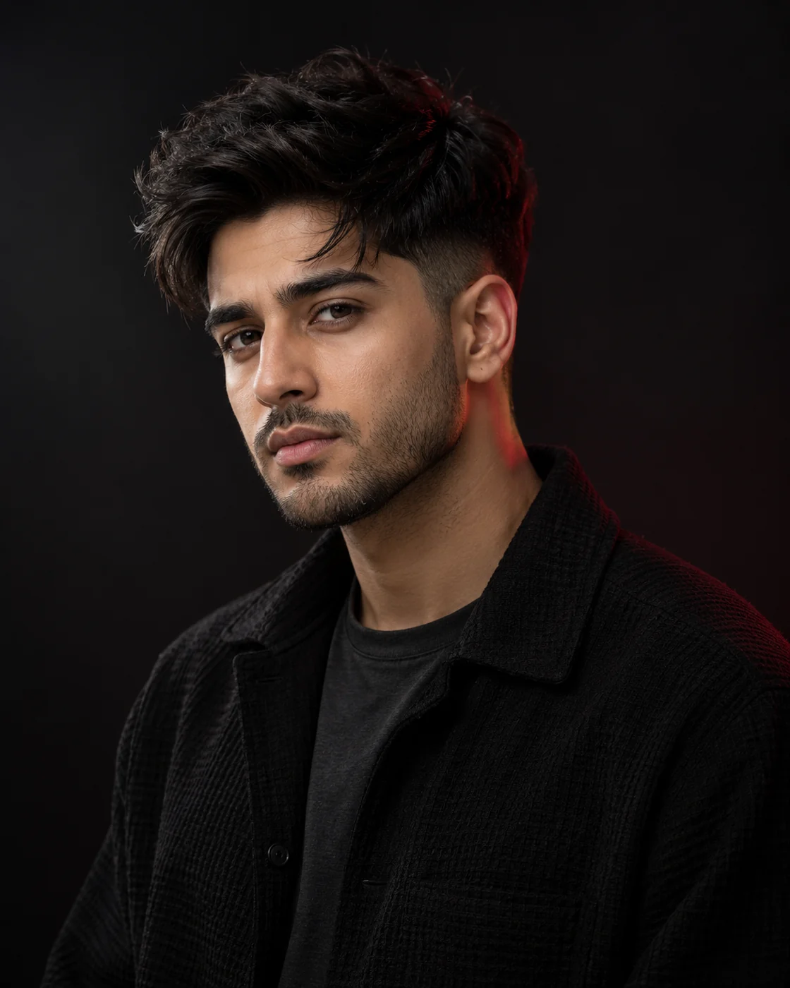 Dark textured men’s haircut with a low taper and short sides