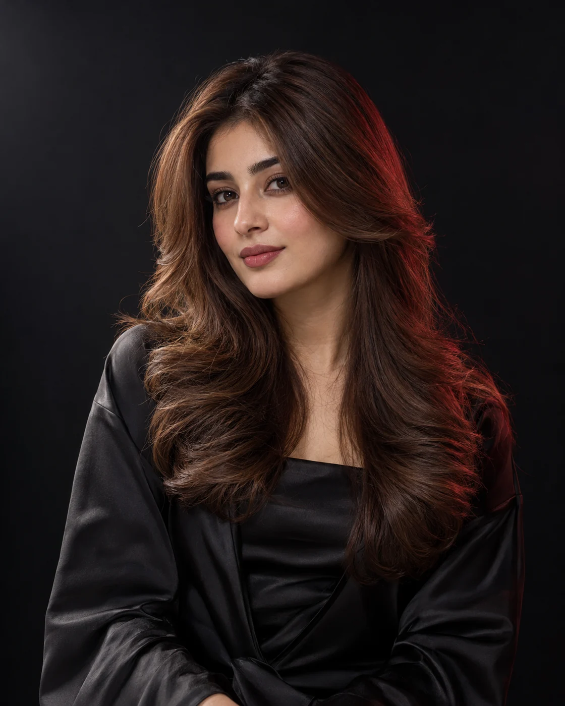 Young woman with a chestnut blow-dry, soft neutral eye makeup and rose lips against a charcoal backdrop