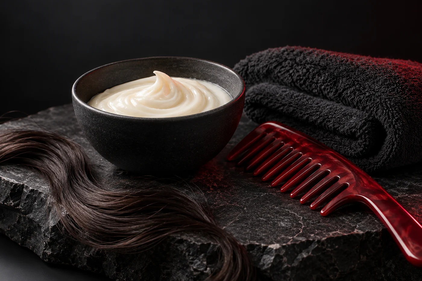 A charcoal bowl of conditioner beside a red wide-tooth comb and folded charcoal towel