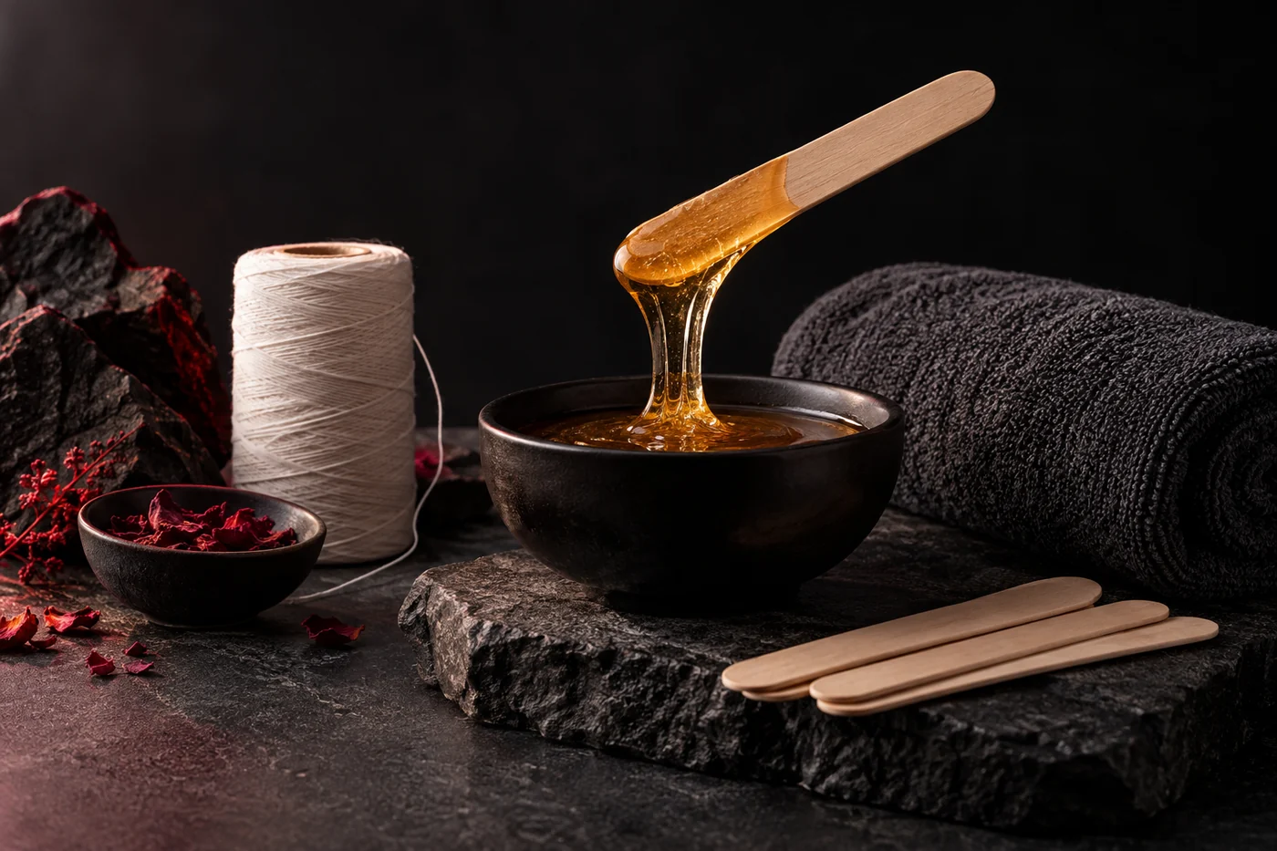 Bowl of honey-coloured cosmetic wax with wooden spatulas, white thread and a folded charcoal towel on dark stone