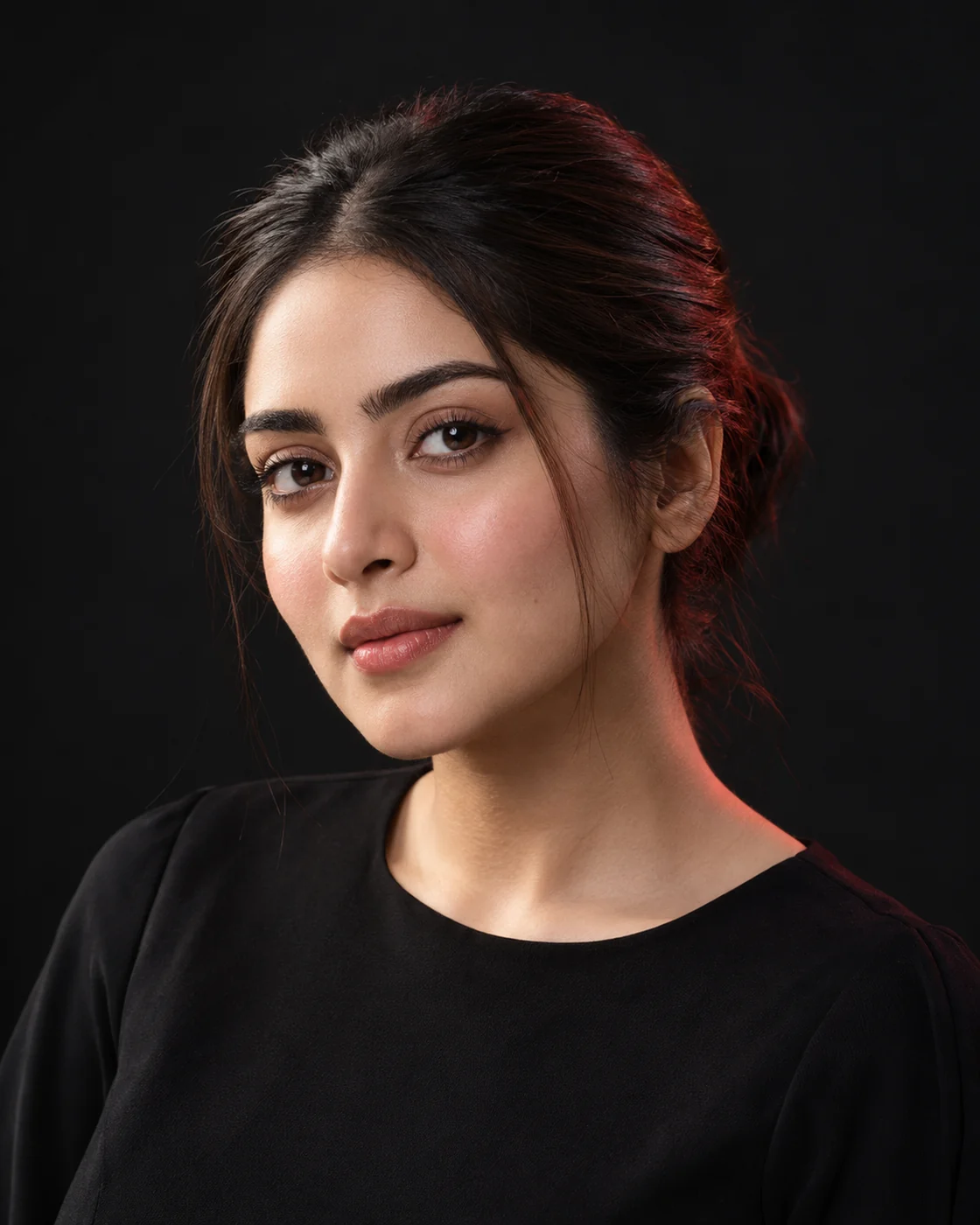Close portrait showing naturally full dark brows and individual brow hairs against a charcoal background